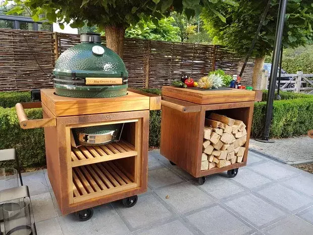 Mesa para barbacoa Kamado estilo acero Corten - OFYR Kamado Mesa Corten 65 PRO Teca BGE